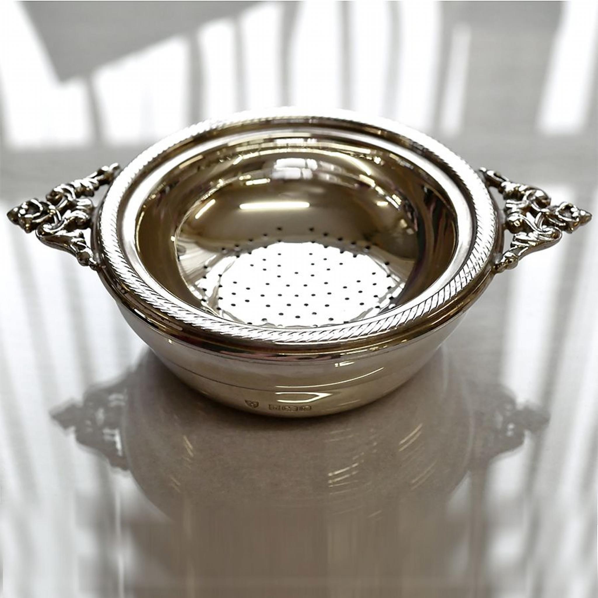 Double Handled Sterling Silver Tea Strainer and Bowl with Gold plated