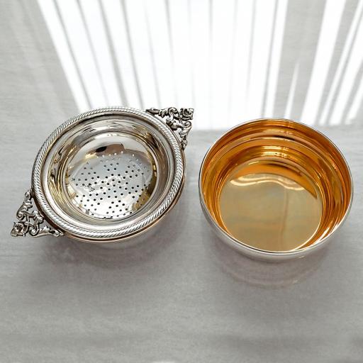 Double Handled Sterling Silver Tea Strainer and Bowl with Gold plated inside